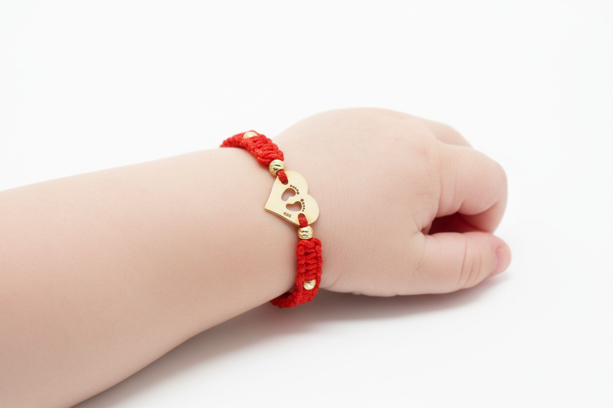 14K Gold Heart Bracelet with Baby Footprints – Red Cord