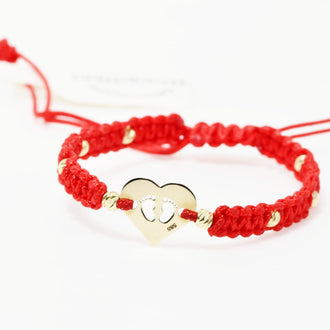 14K Gold Heart Bracelet with Baby Footprints – Red Cord