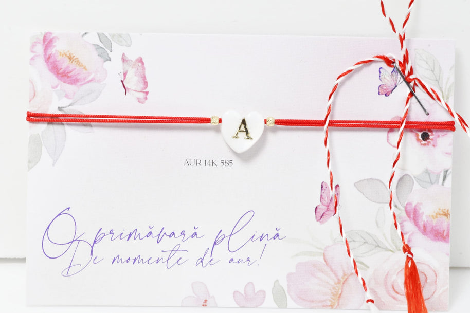 14K Gold Heart Initial Bracelet – Red Cord (Choose Your Initial)