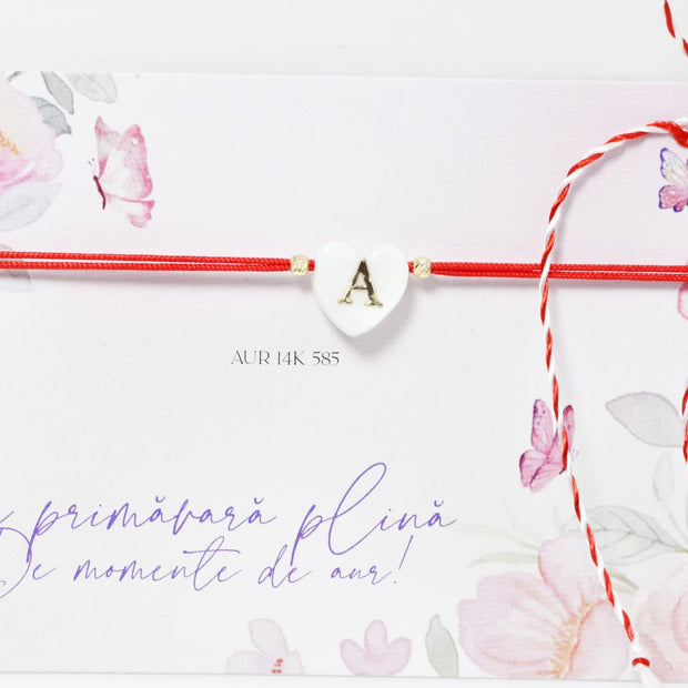 14K Gold Heart Initial Bracelet – Red Cord (Choose Your Initial)