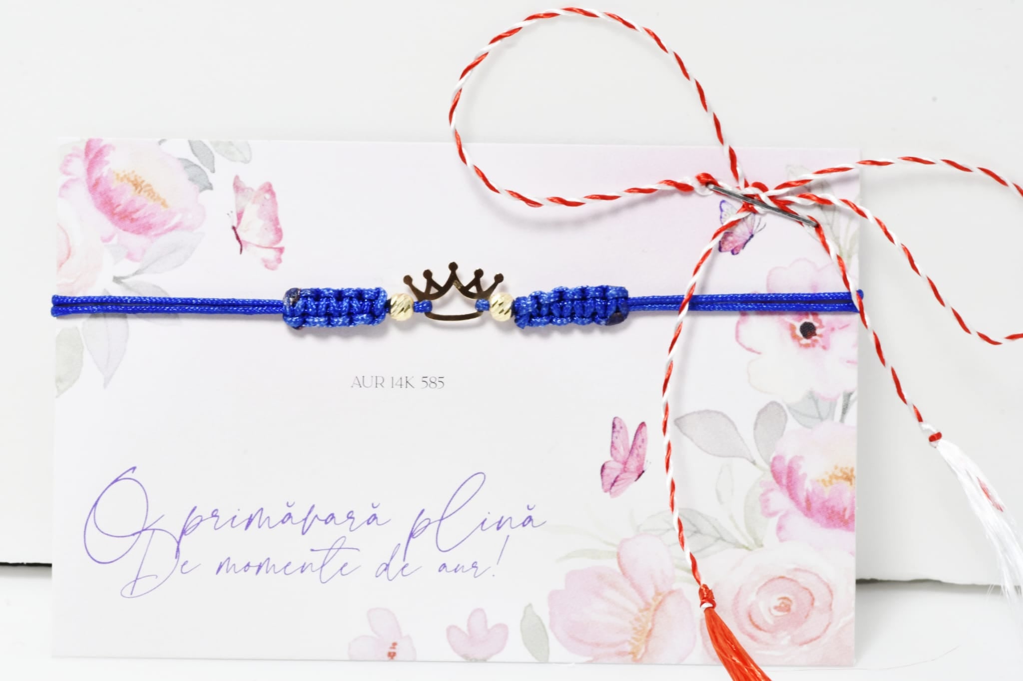 14K Gold Crown Bracelet – Blue OR PINK Adjustable Cord