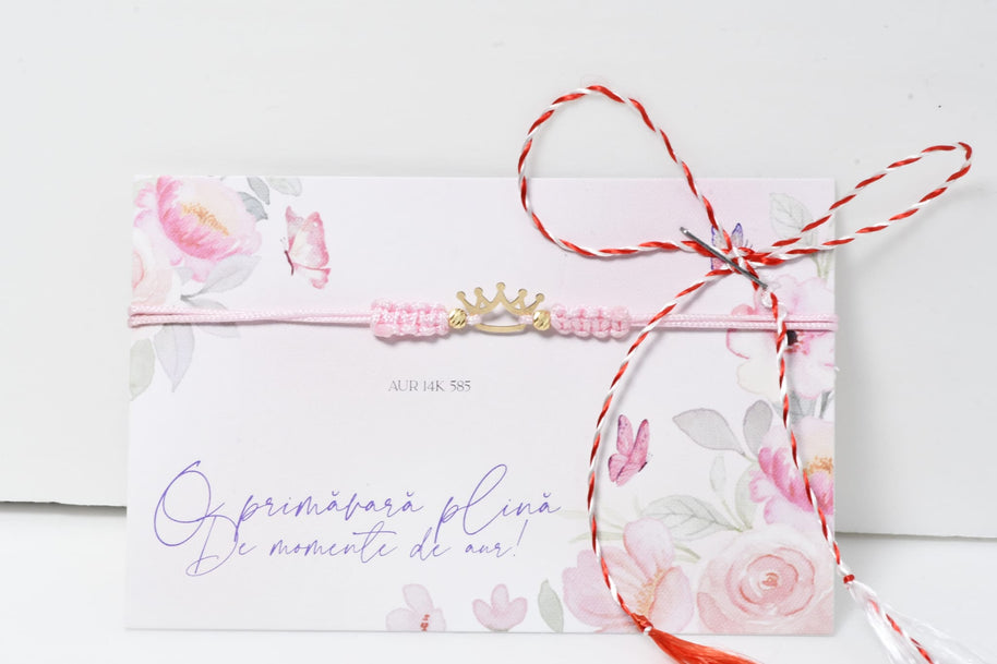 14K Gold Crown Bracelet – Blue OR PINK Adjustable Cord