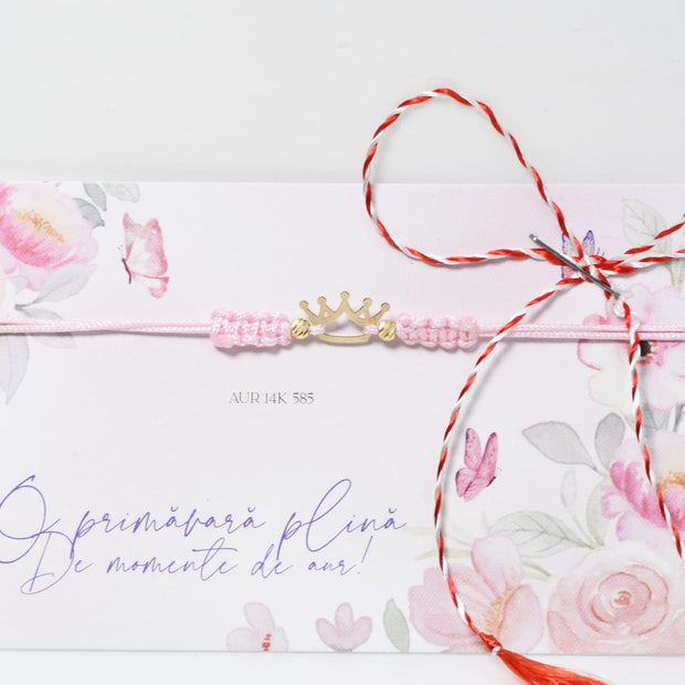 14K Gold Crown Bracelet – Blue OR PINK Adjustable Cord
