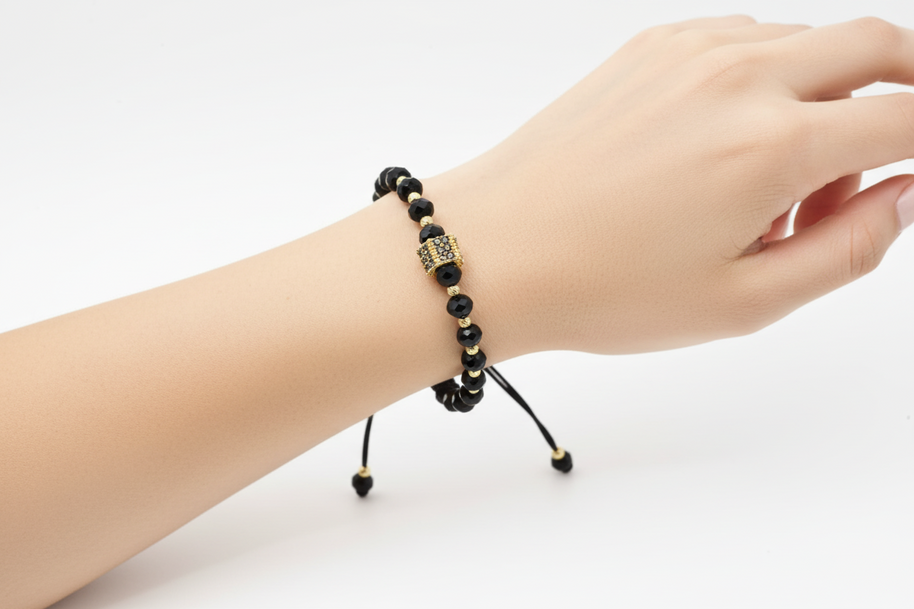 14K Gold & Black Crystal Bracelet with Pavé Charm