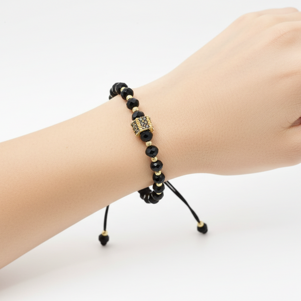 14K Gold &amp; Black Crystal Bracelet with Pavé Charm