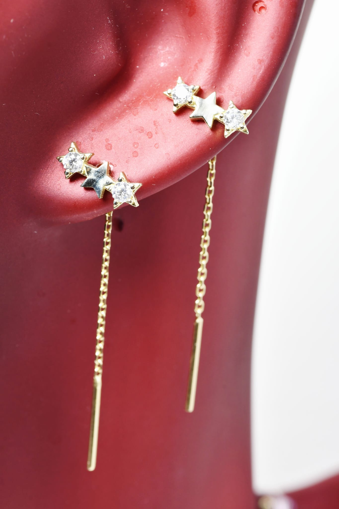 14K Gold Star Drop Earrings with Crystals – Triple Star Design