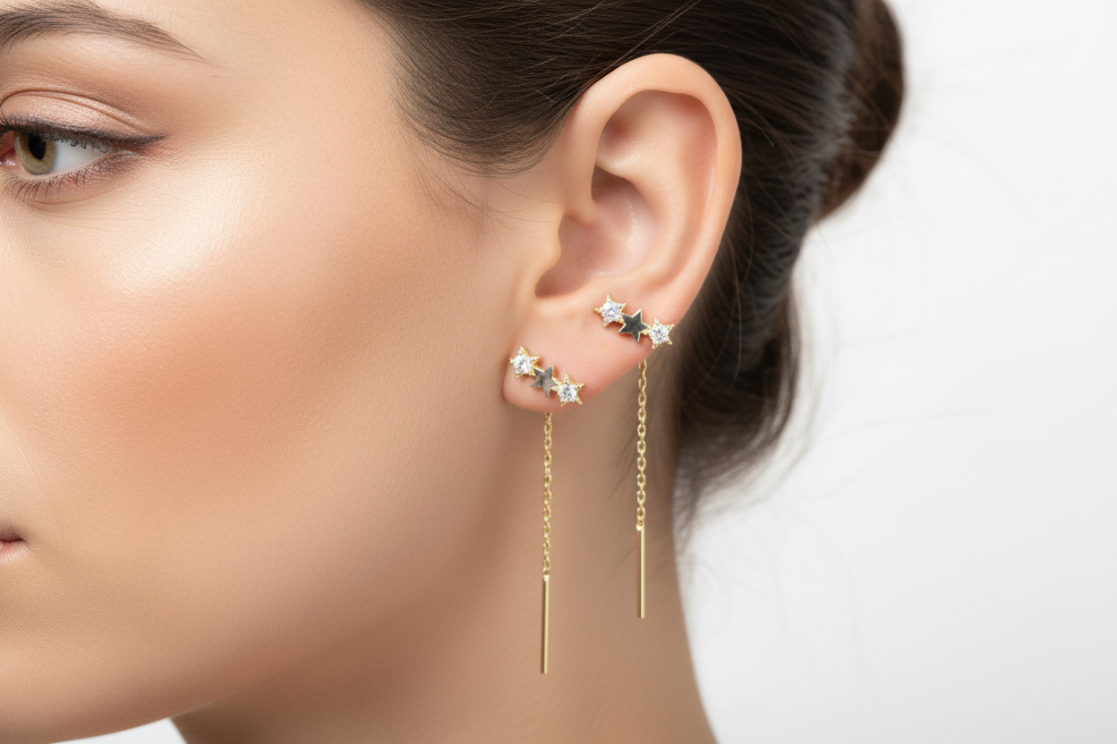 14K Gold Star Drop Earrings with Crystals – Triple Star Design