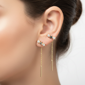 14K Gold Star Drop Earrings with Crystals – Triple Star Design