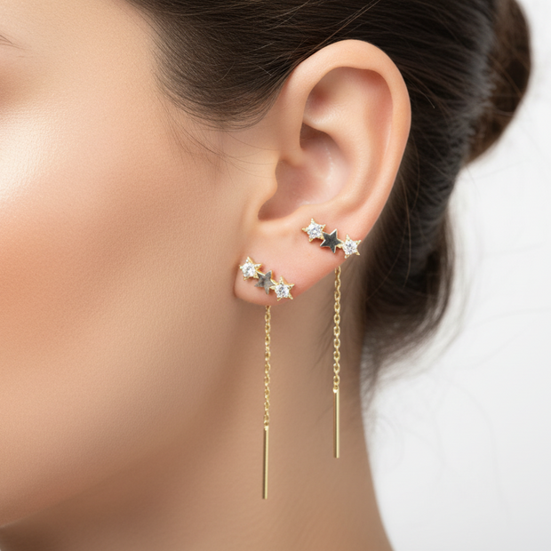 14K Gold Star Drop Earrings with Crystals – Triple Star Design