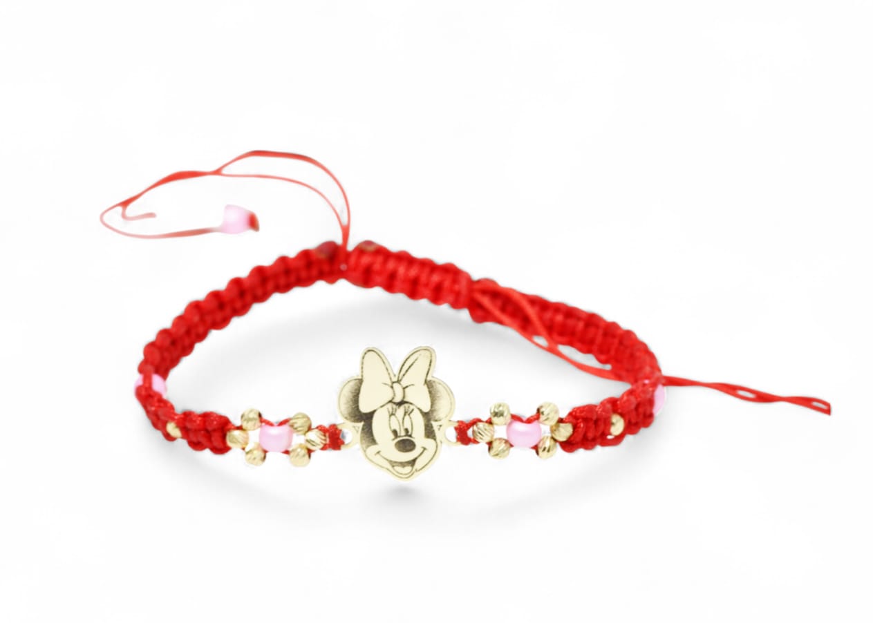 14K Gold Cartoon-Inspired Bracelet – Red Adjustable Cord