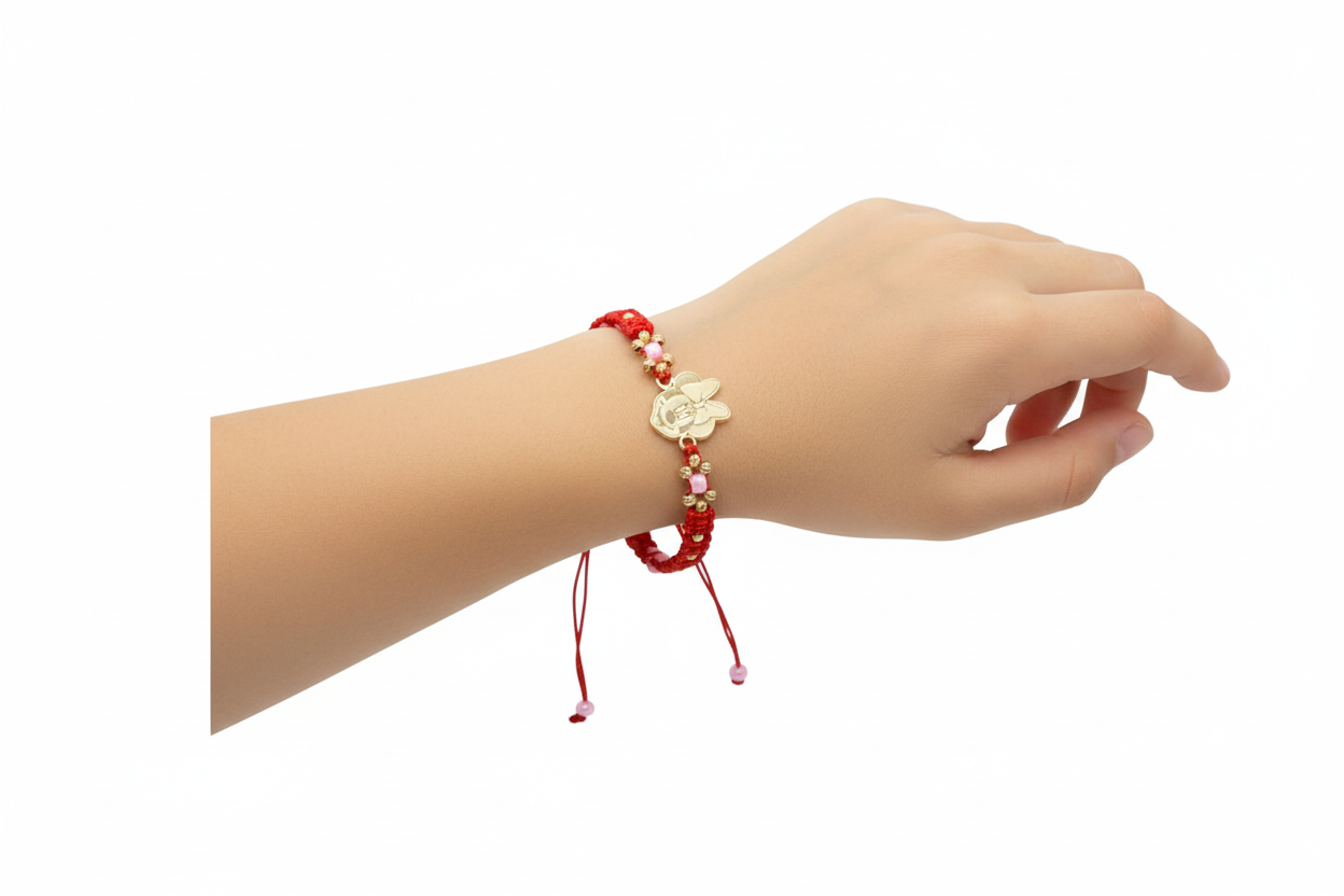 14K Gold Cartoon-Inspired Bracelet – Red Adjustable Cord
