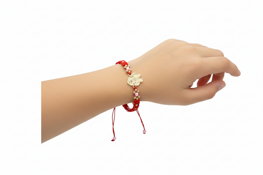 14K Gold Cartoon-Inspired Bracelet – Red Adjustable Cord