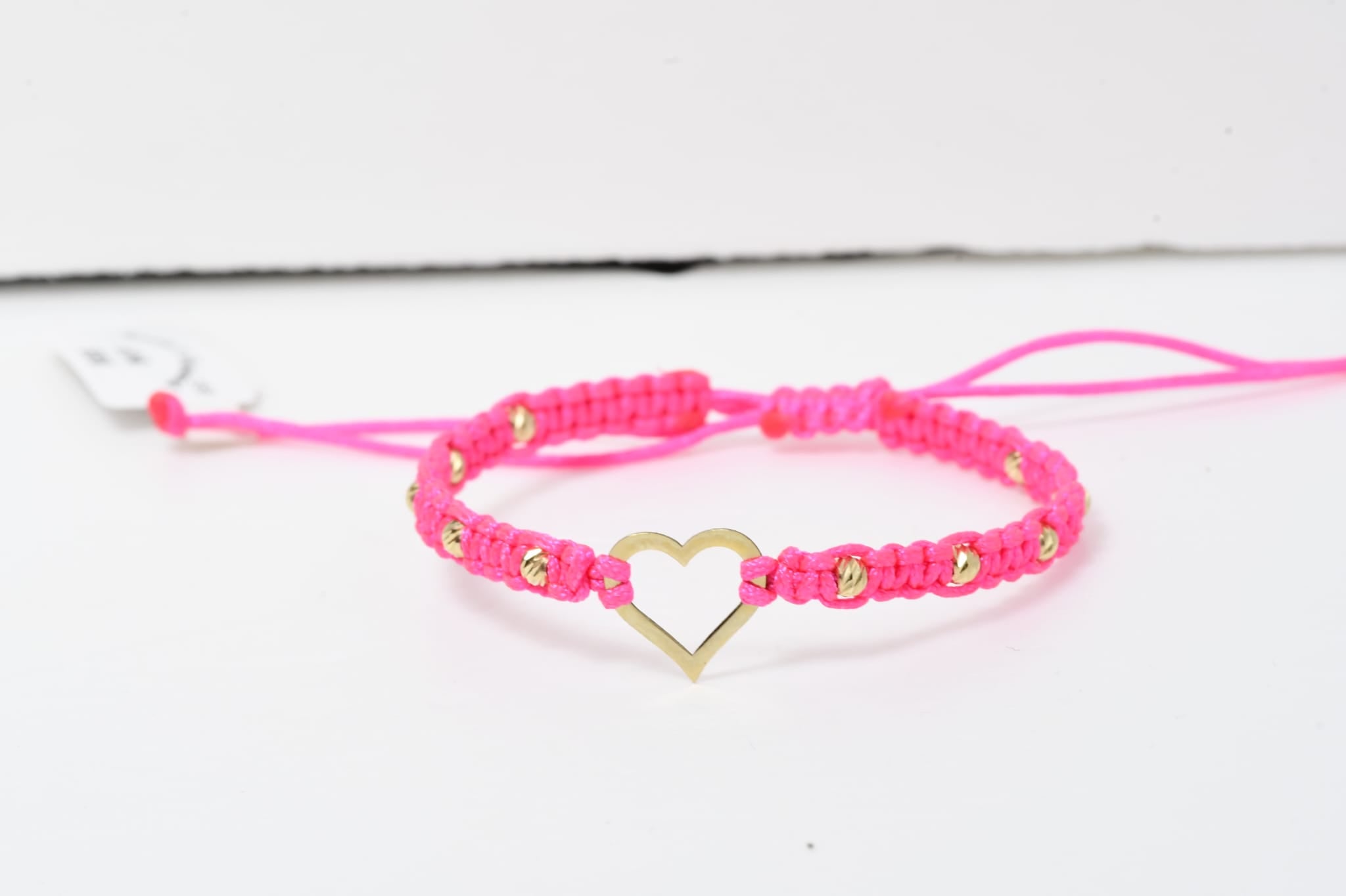 14K Gold Open Heart Bracelet with Pink Macramé Cord