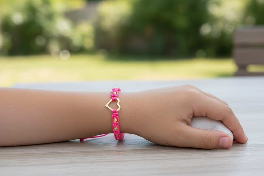 14K Gold Open Heart Bracelet with Pink Macramé Cord