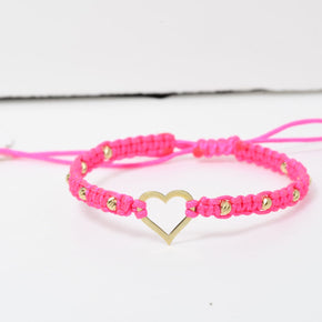 14K Gold Open Heart Bracelet with Pink Macramé Cord