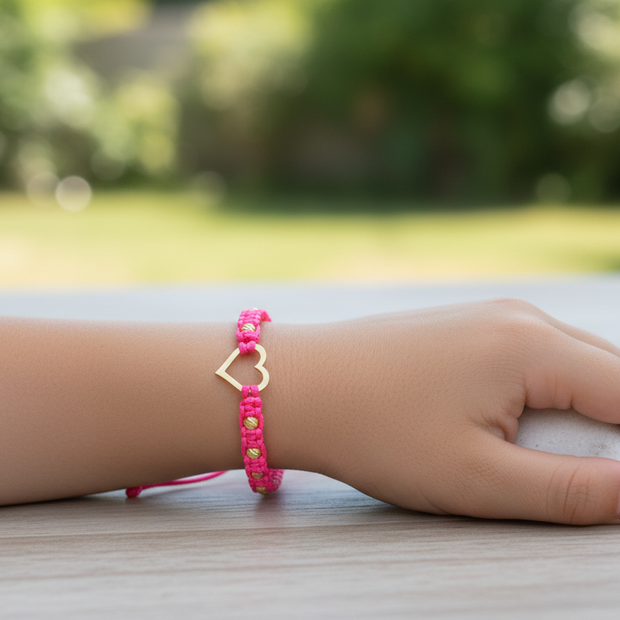 14K Gold Open Heart Bracelet with Pink Macramé Cord