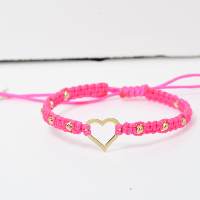 14K Gold Open Heart Bracelet with Pink Macramé Cord