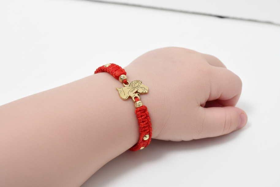 14K Gold Angel Bracelet with Red Macramé Cord