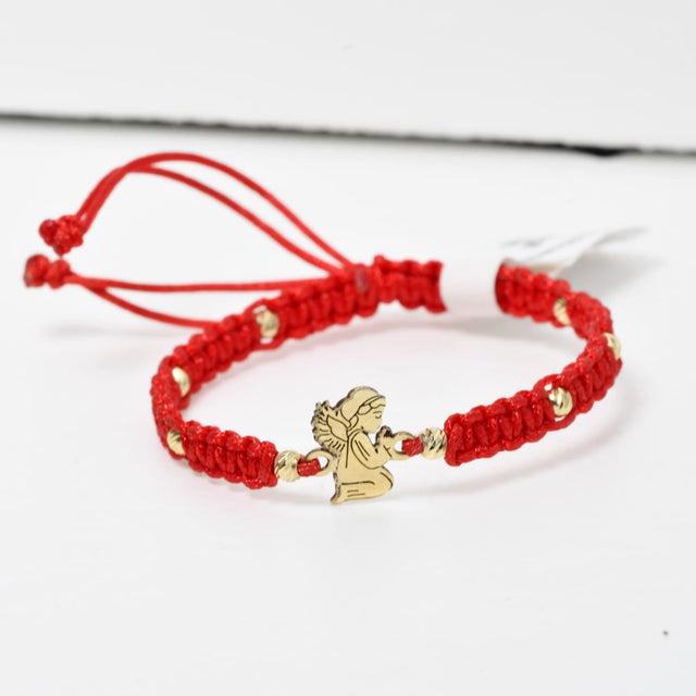 14K Gold Angel Bracelet with Red Macramé Cord