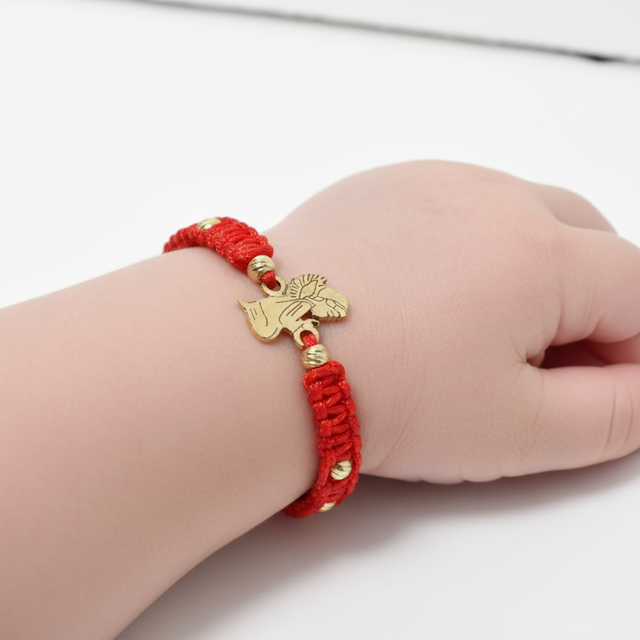 14K Gold Angel Bracelet with Red Macramé Cord