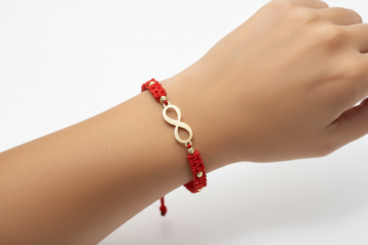 14K Gold Infinity Bracelet with Red Macramé Cord – Engravable