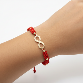 14K Gold Infinity Bracelet with Red Macramé Cord – Engravable