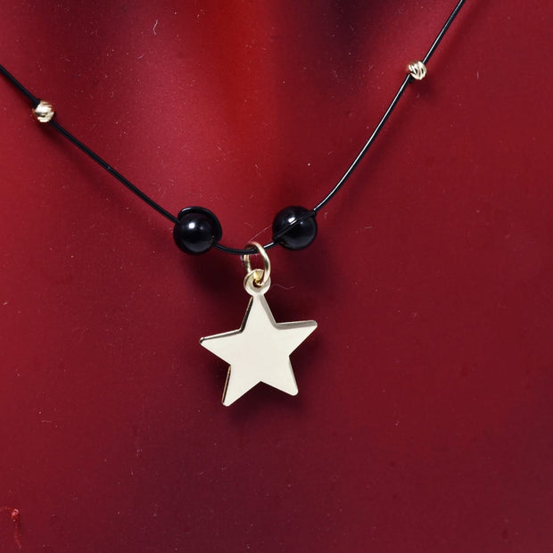 14K Gold Engravable Star Necklace with Black Beads – 40 cm
