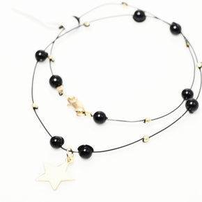 14K Gold Engravable Star Necklace with Black Beads – 40 cm