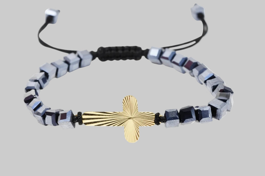 14K Gold Cross Bracelet with Hematite Cubes and Black Cord