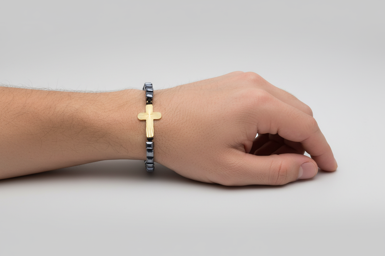14K Gold Cross Bracelet with Hematite Cubes and Black Cord