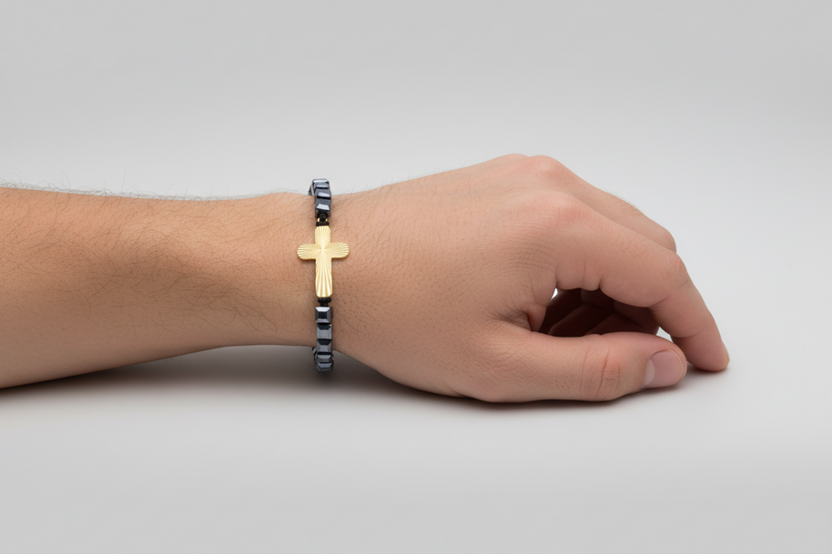 14K Gold Cross Bracelet with Hematite Cubes and Black Cord