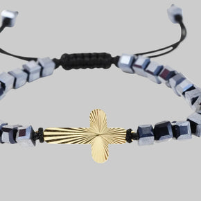 14K Gold Cross Bracelet with Hematite Cubes and Black Cord