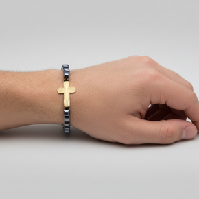 14K Gold Cross Bracelet with Hematite Cubes and Black Cord