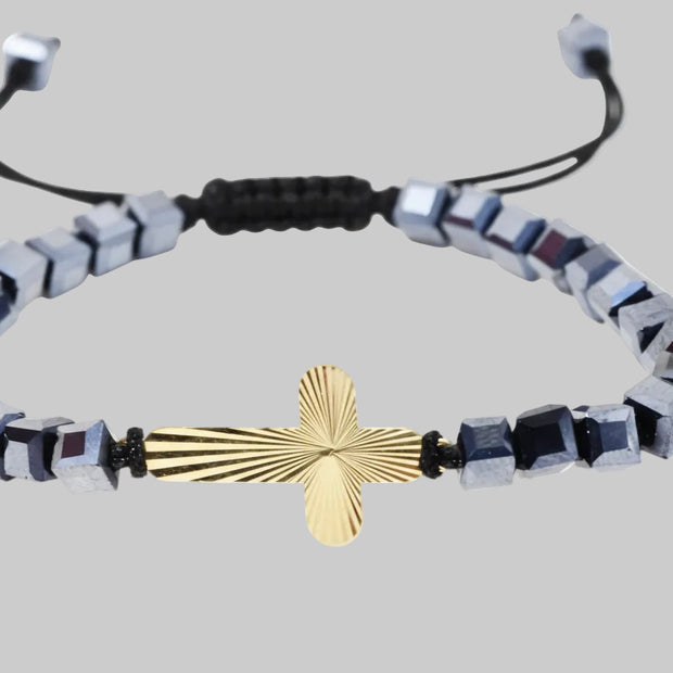 14K Gold Cross Bracelet with Hematite Cubes and Black Cord