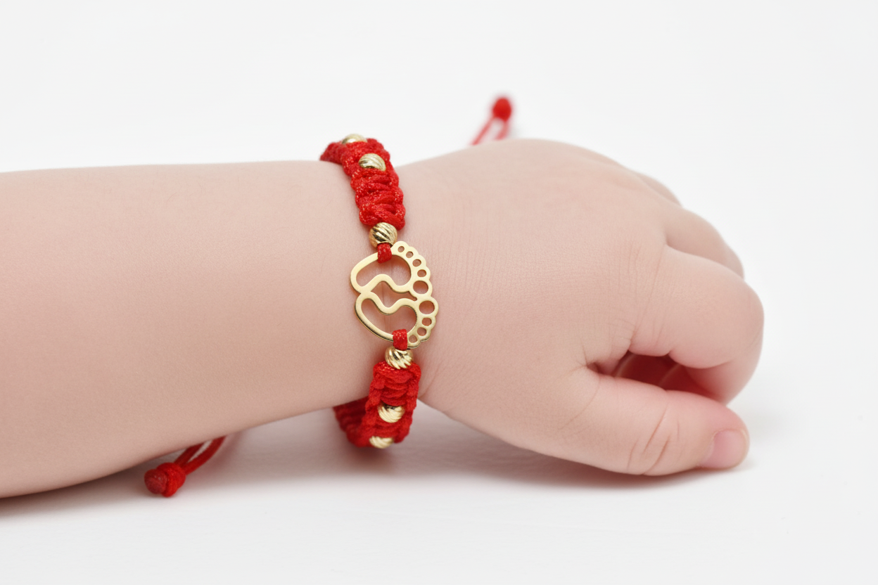 Red Cord Bracelet with Baby Footprints Charm – 14K Gold