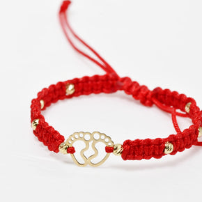 Red Cord Bracelet with Baby Footprints Charm – 14K Gold
