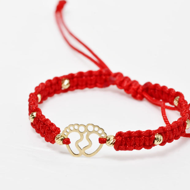 Red Cord Bracelet with Baby Footprints Charm – 14K Gold