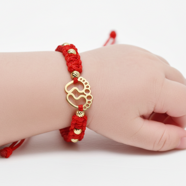 Red Cord Bracelet with Baby Footprints Charm – 14K Gold