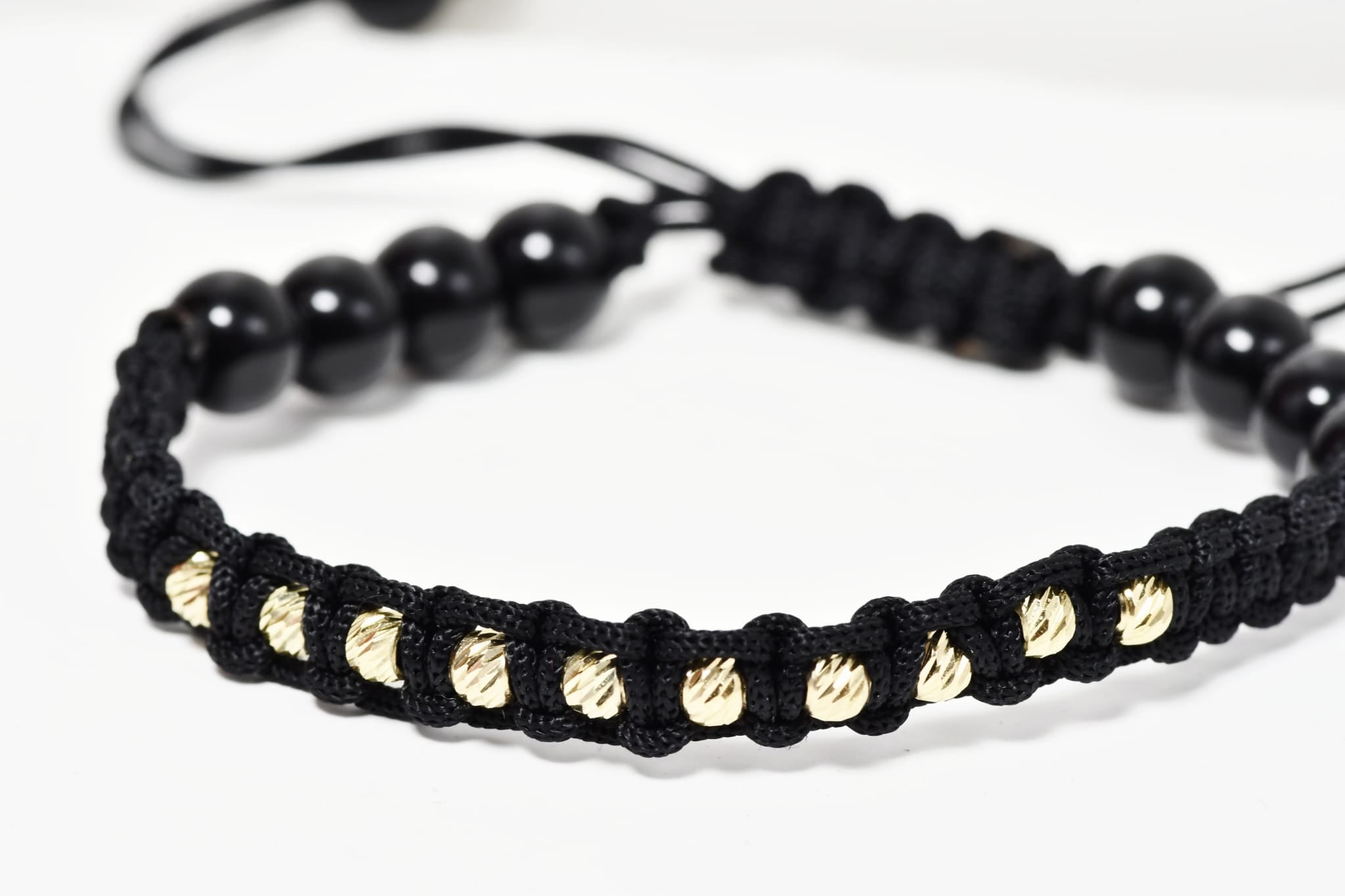 14K Gold & Black Onyx Adjustable Bracelet – 10 Faceted Beads (3mm)