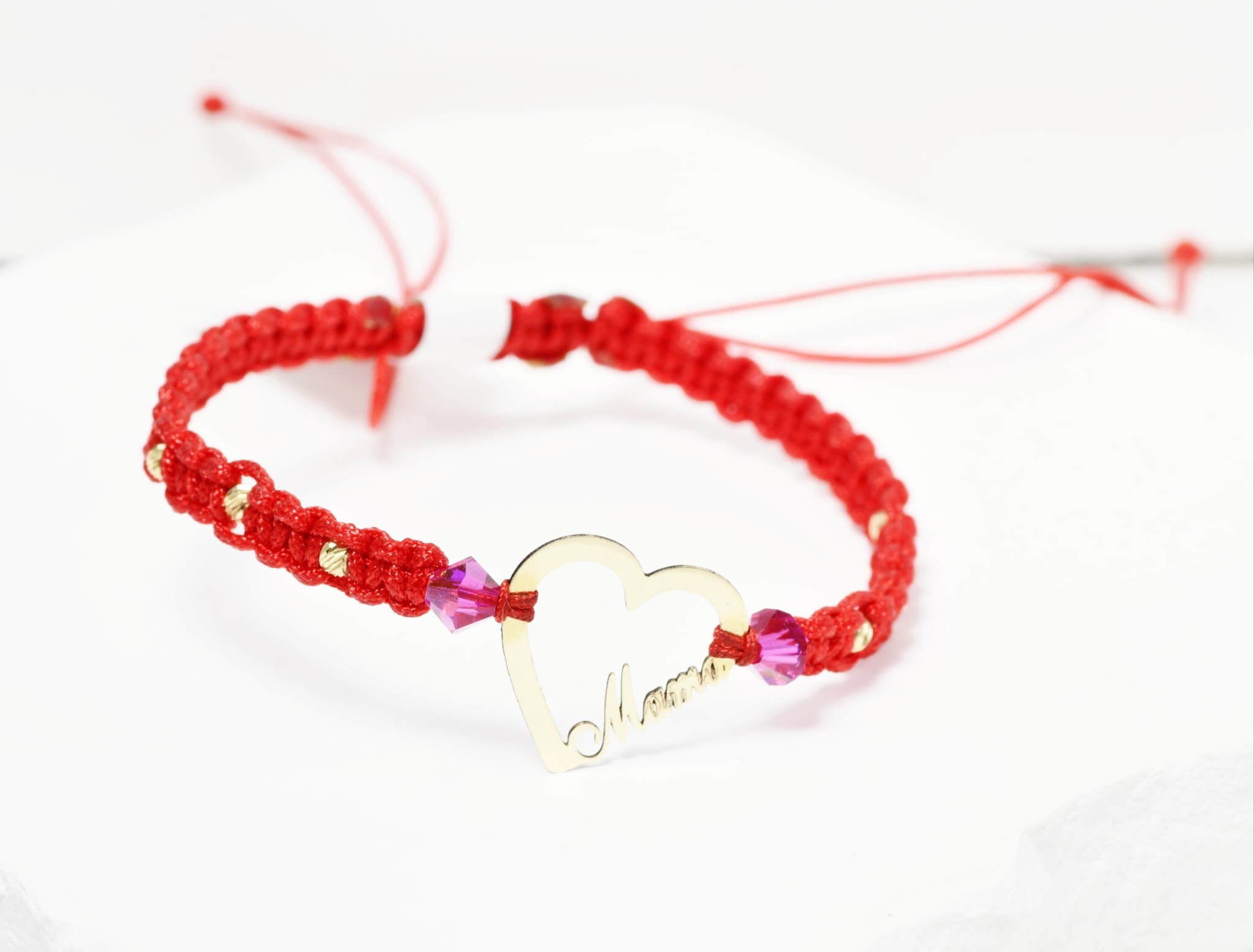 Red Cord Bracelet with Heart & “Mama” Charm – 14K Gold