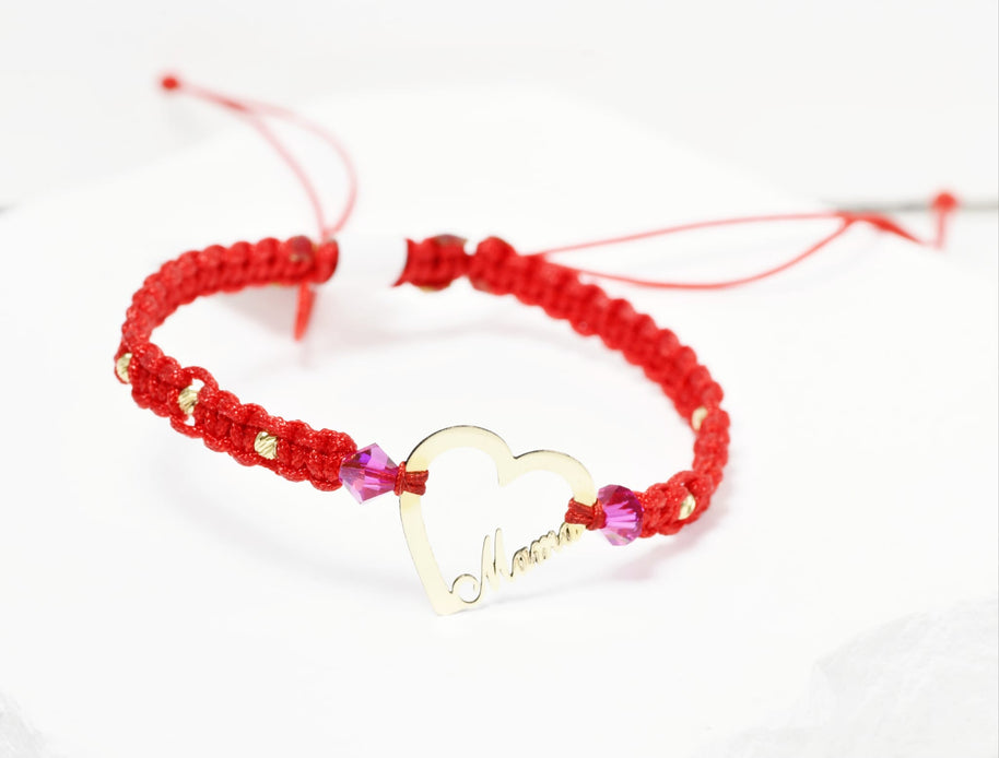 Red Cord Bracelet with Heart &amp; “Mama” Charm – 14K Gold