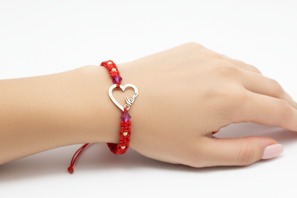Red Cord Bracelet with Heart & “Mama” Charm – 14K Gold