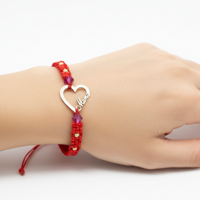 Red Cord Bracelet with Heart & “Mama” Charm – 14K Gold