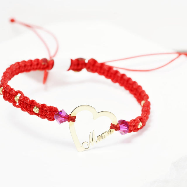 Red Cord Bracelet with Heart &amp; “Mama” Charm – 14K Gold
