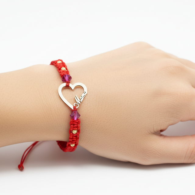 Red Cord Bracelet with Heart &amp; “Mama” Charm – 14K Gold