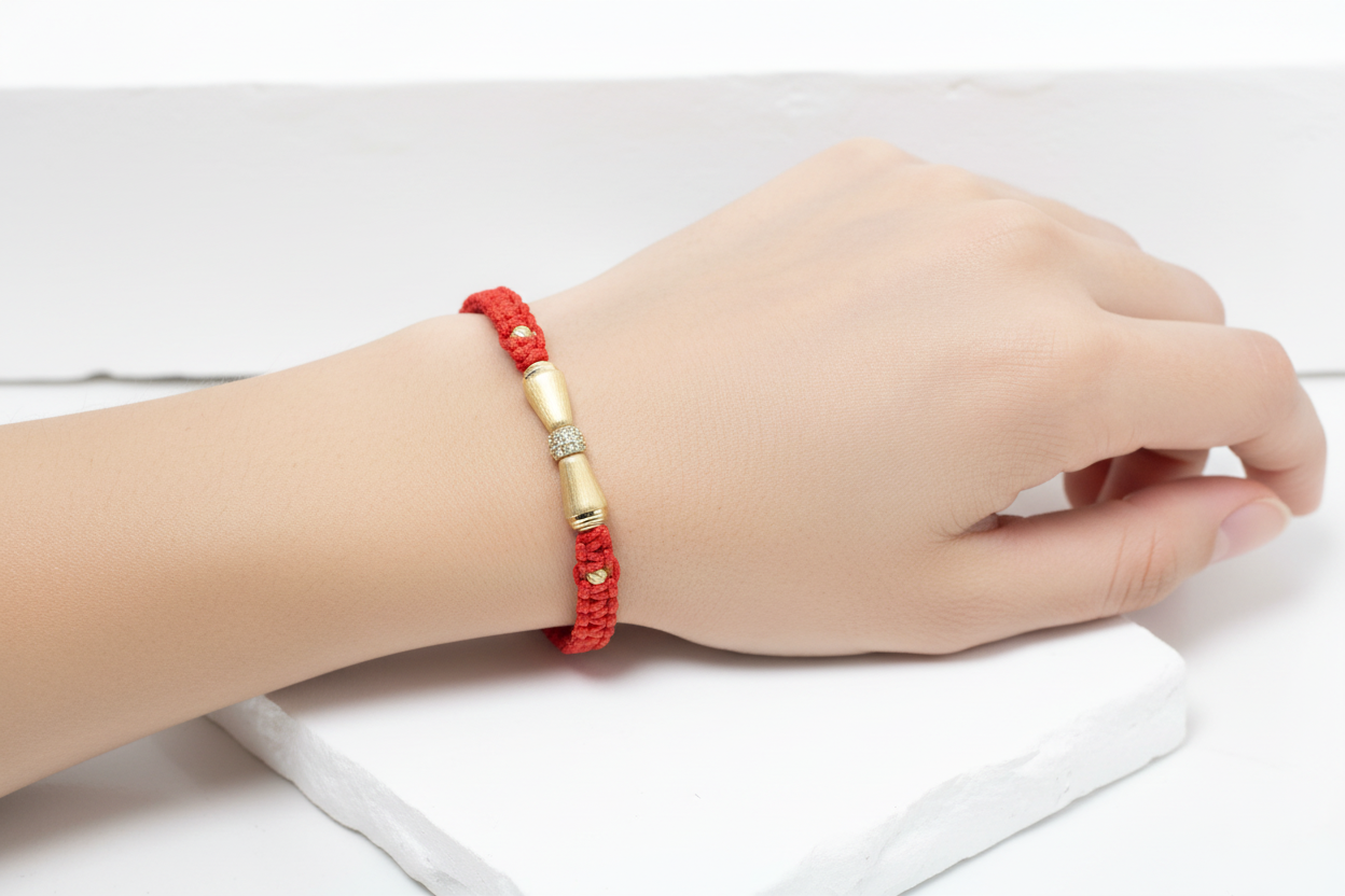 Red Cord Bracelet with Gold Center Detail – 14K Gold