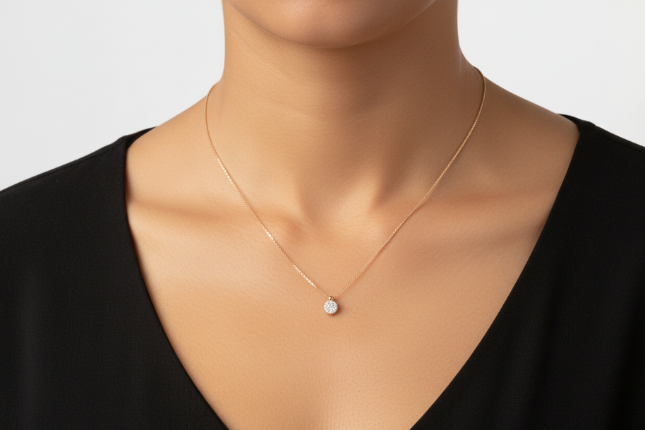 14K Gold Necklace with Round Pavé Zirconia Pendant