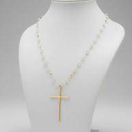 14K Gold Cross Necklace with Crystal Beads