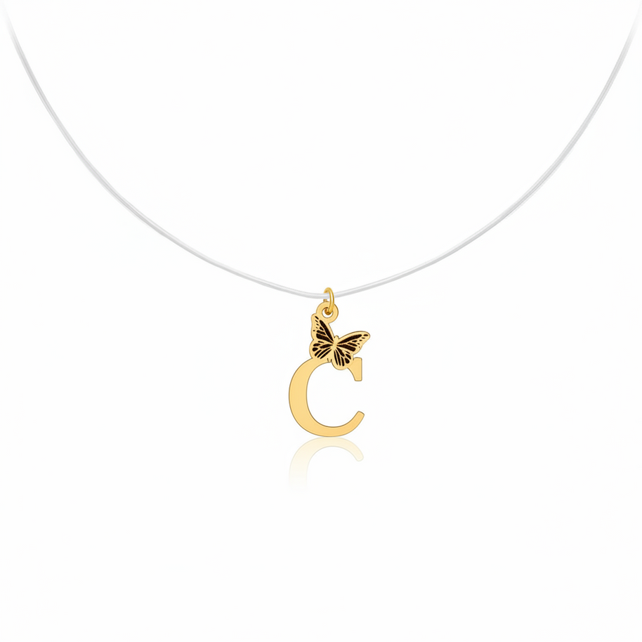 14K Gold Initial Necklace with Butterfly – Letter A , C , G , M , O , R, P