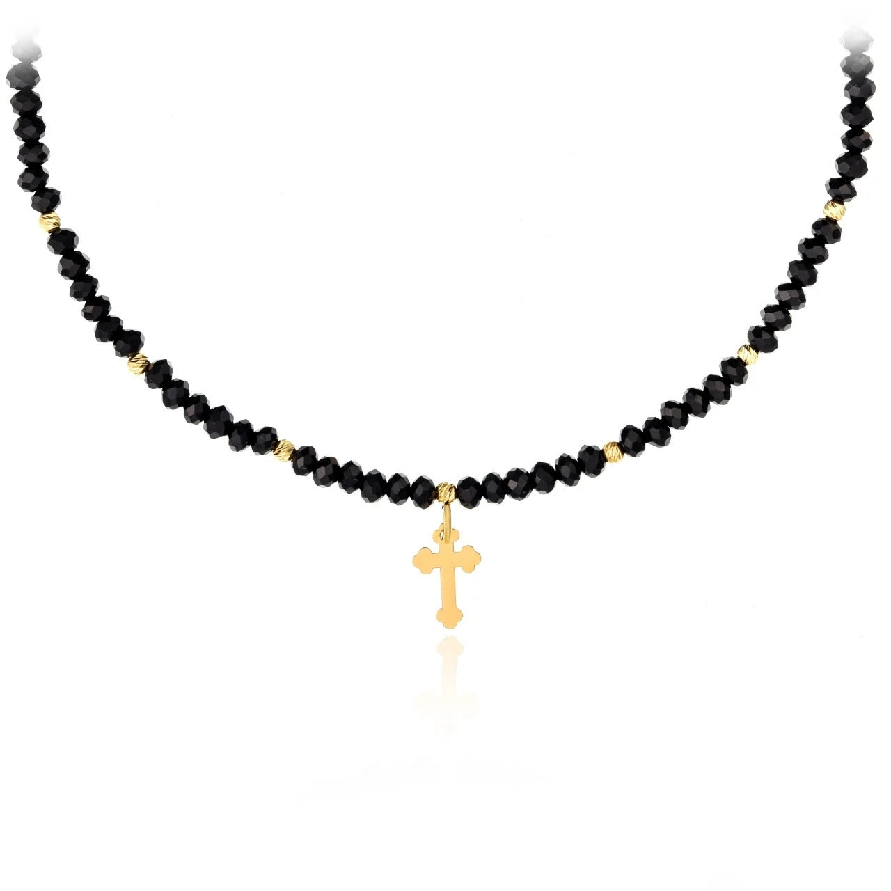 14K Gold Cross Necklace with Black Crystal Beads